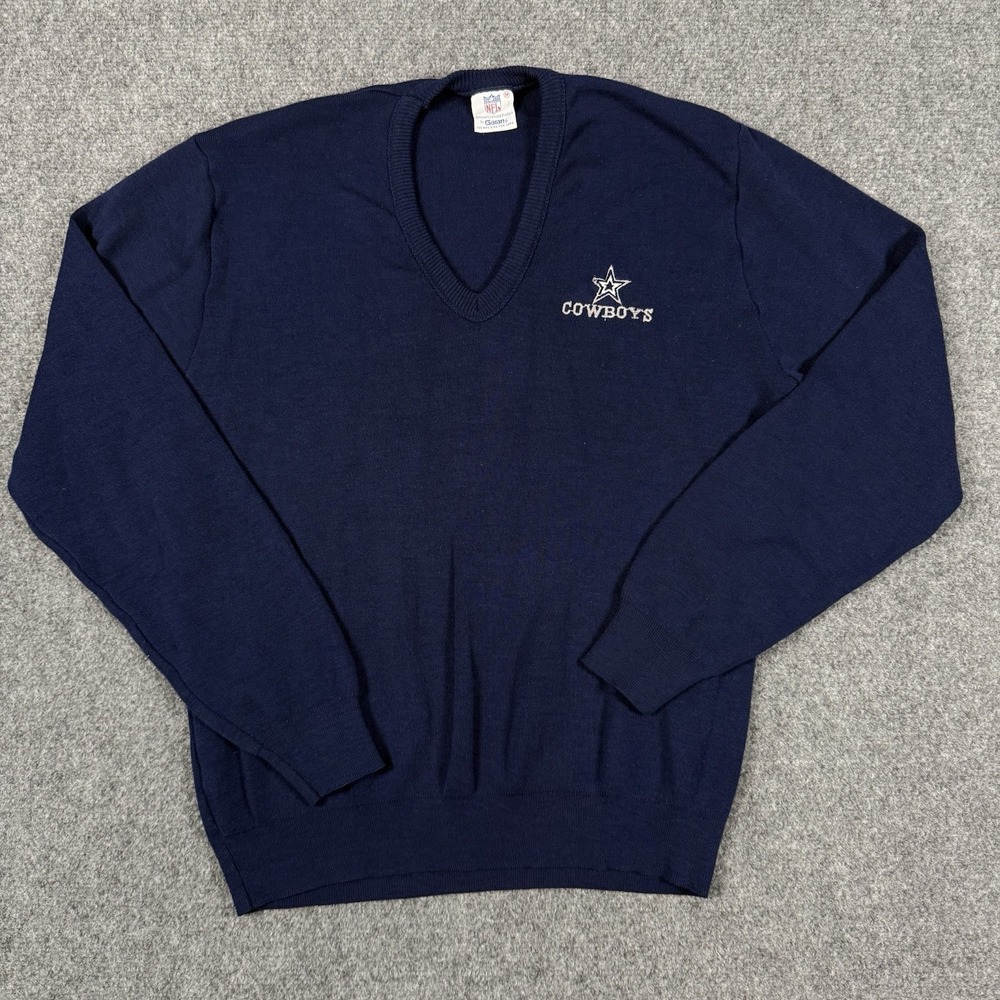 🏈 Vintage 80s Dallas Cowboys Sweater Mens Medium Garan V-Neck Knit Blue USA